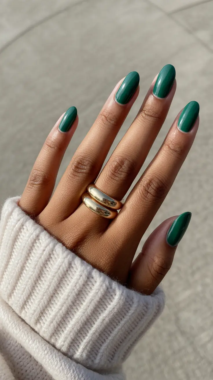 gorgeous spring nails for dark skin 2026 Deep forest green gloss for refined everyday elegance