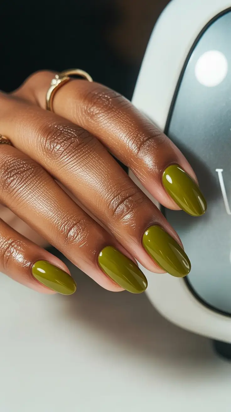 gorgeous spring nails for dark skin 2026 Glossy olive short nails for earthy spring balance