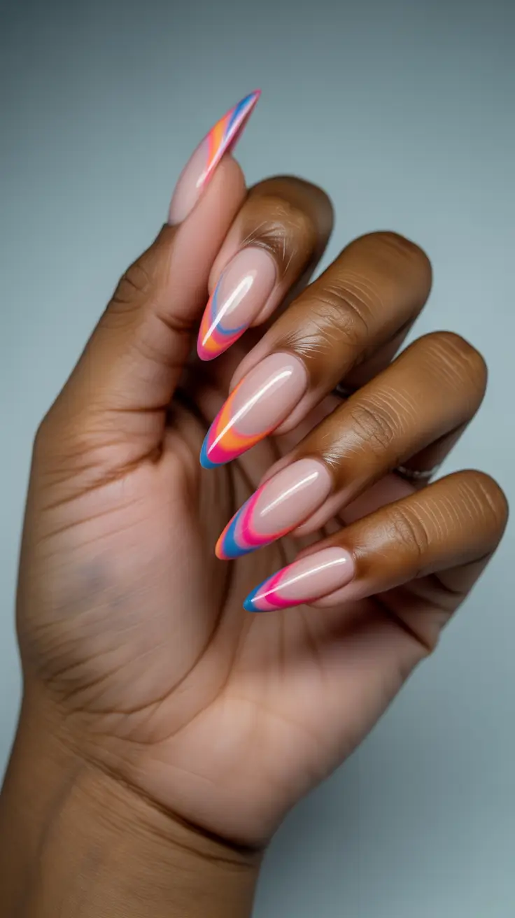 gorgeous spring nails for dark skin 2026 Neon swirl French tips for playful spring statement