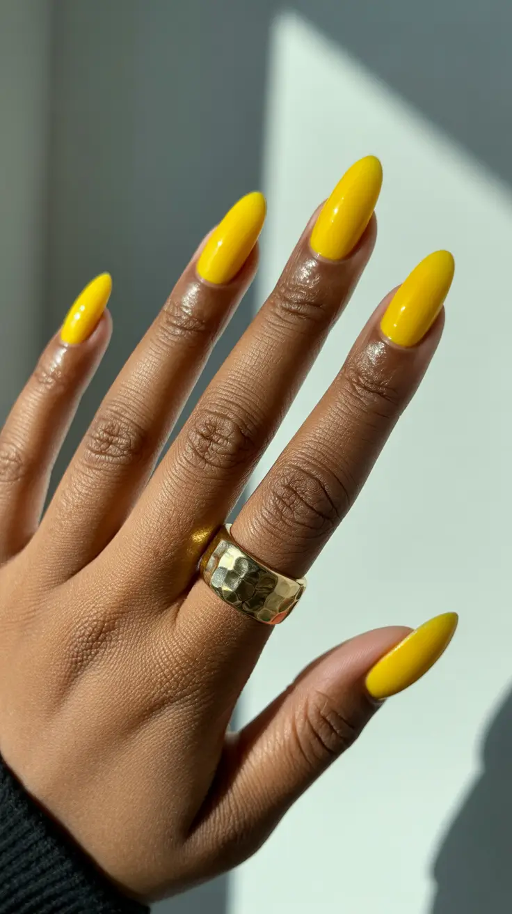 gorgeous spring nails for dark skin 2026 Sunlit lemon brightness for statement minimalism