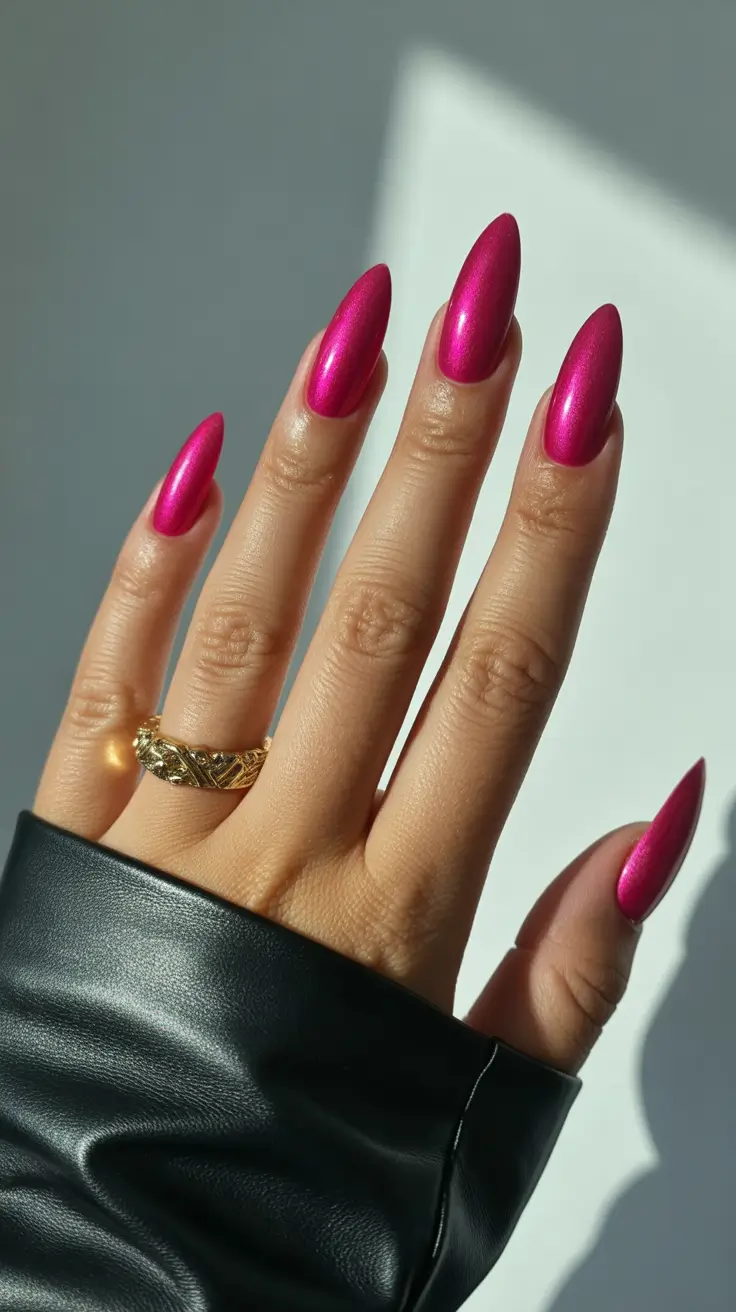 gorgeous spring nails for dark skin 2026 Metallic fuchsia drama for bold seasonal glamour