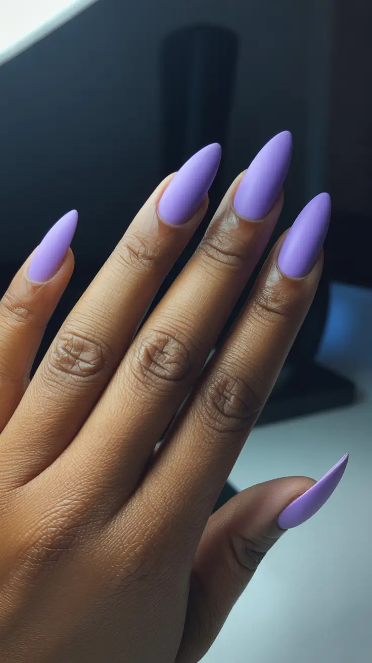 gorgeous spring nails for dark skin 2026 Matte lilac stiletto for soft editorial drama