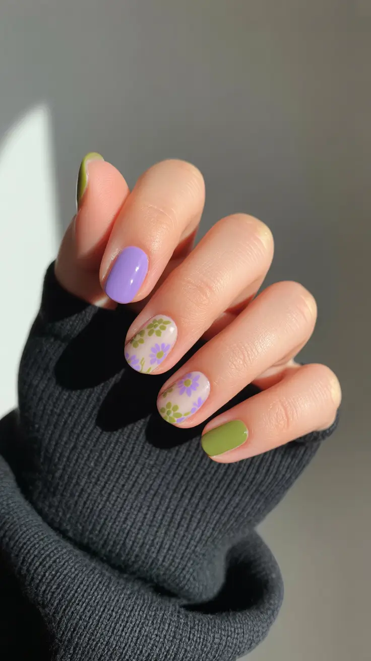 light spring short nails 2026 Soft Lavender and Olive Floral Mix