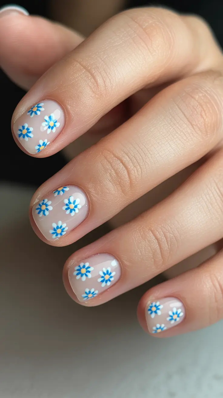 light spring short nails 2026 Delicate Blue Daisy Micro Florals