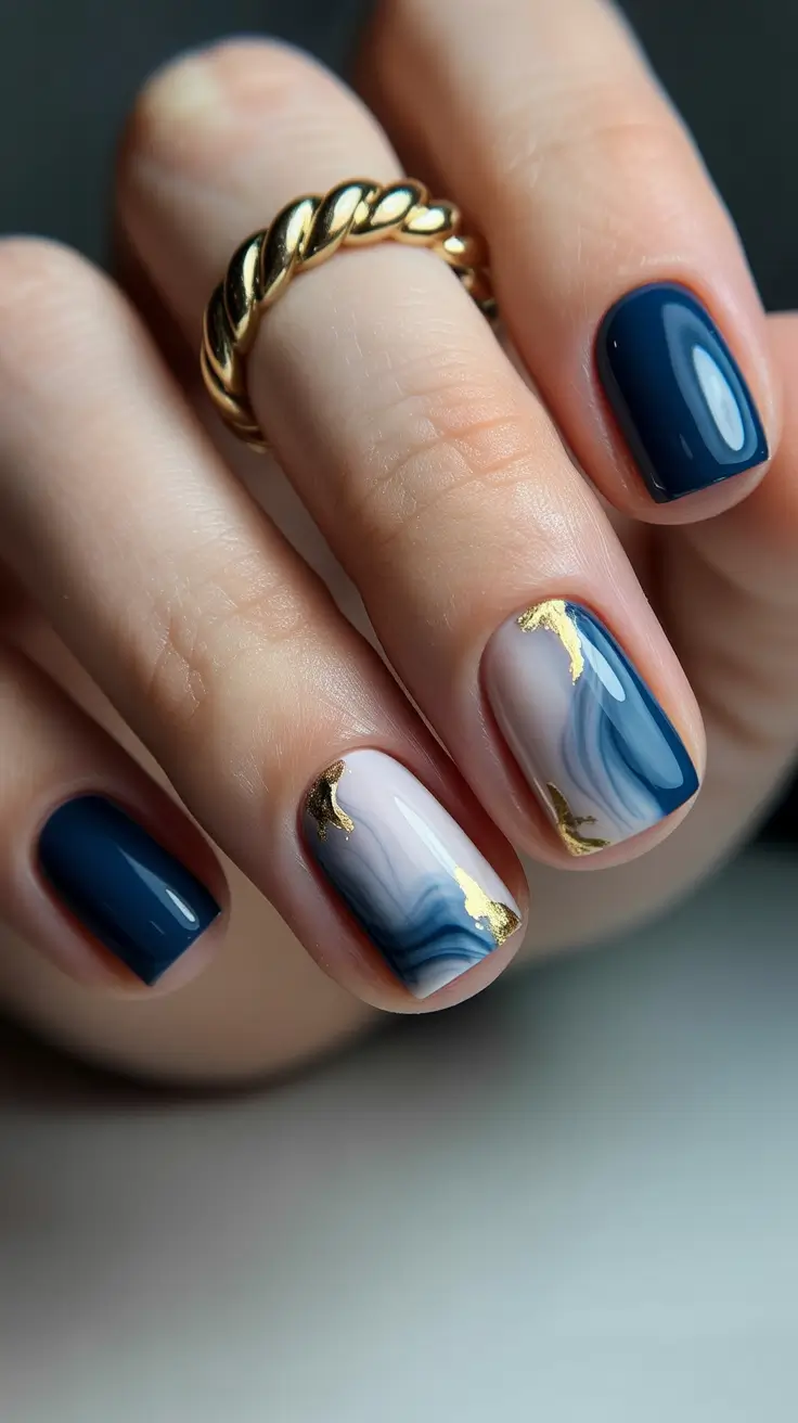light spring short nails 2026 Deep Blue Marble with Gold Leaf