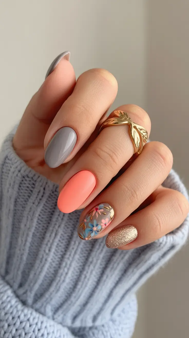 light spring short nails 2026 Soft Coral and Gray Botanical Set