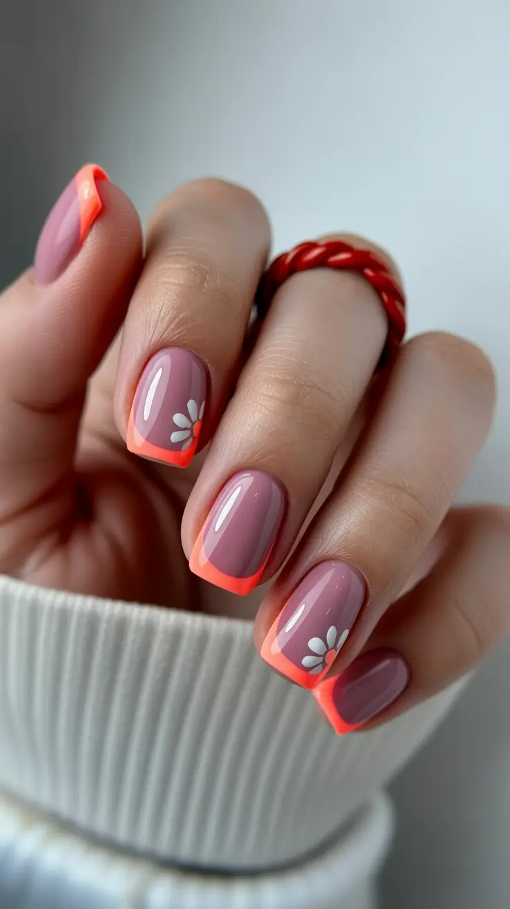 light spring short nails 2026 Neon Coral French with Minimal Daisy Accent