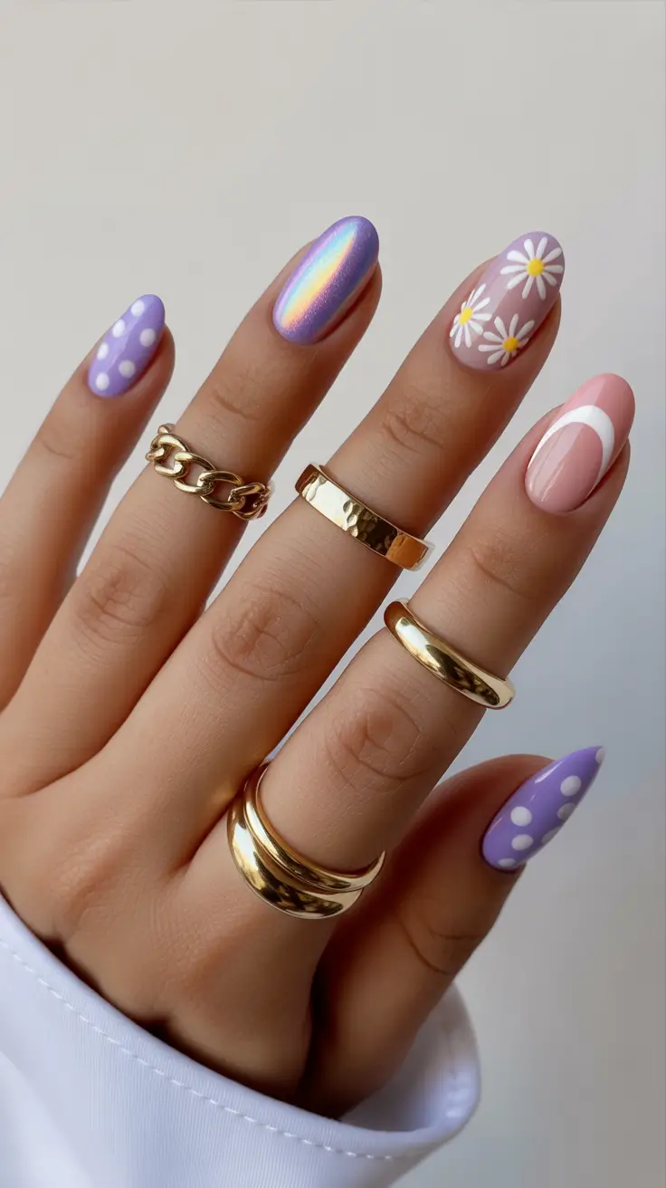 light spring short nails 2026 Playful Lavender Mix with Polka Dots and Daisy Accents