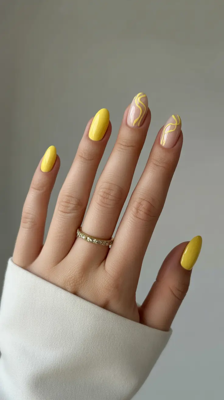 light spring short nails 2026 Sunny Yellow Minimal Waves