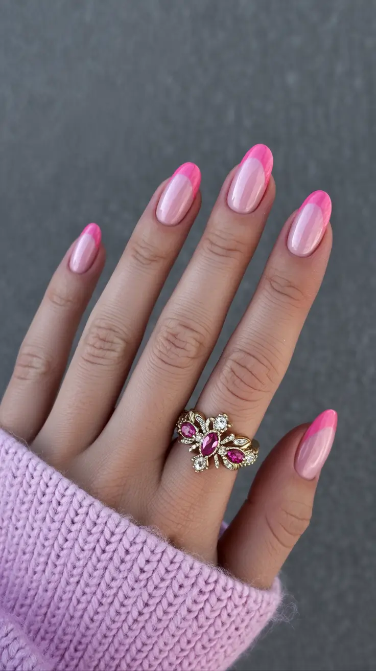 spring oval nails 2026 Fresh Pink Double French Shine