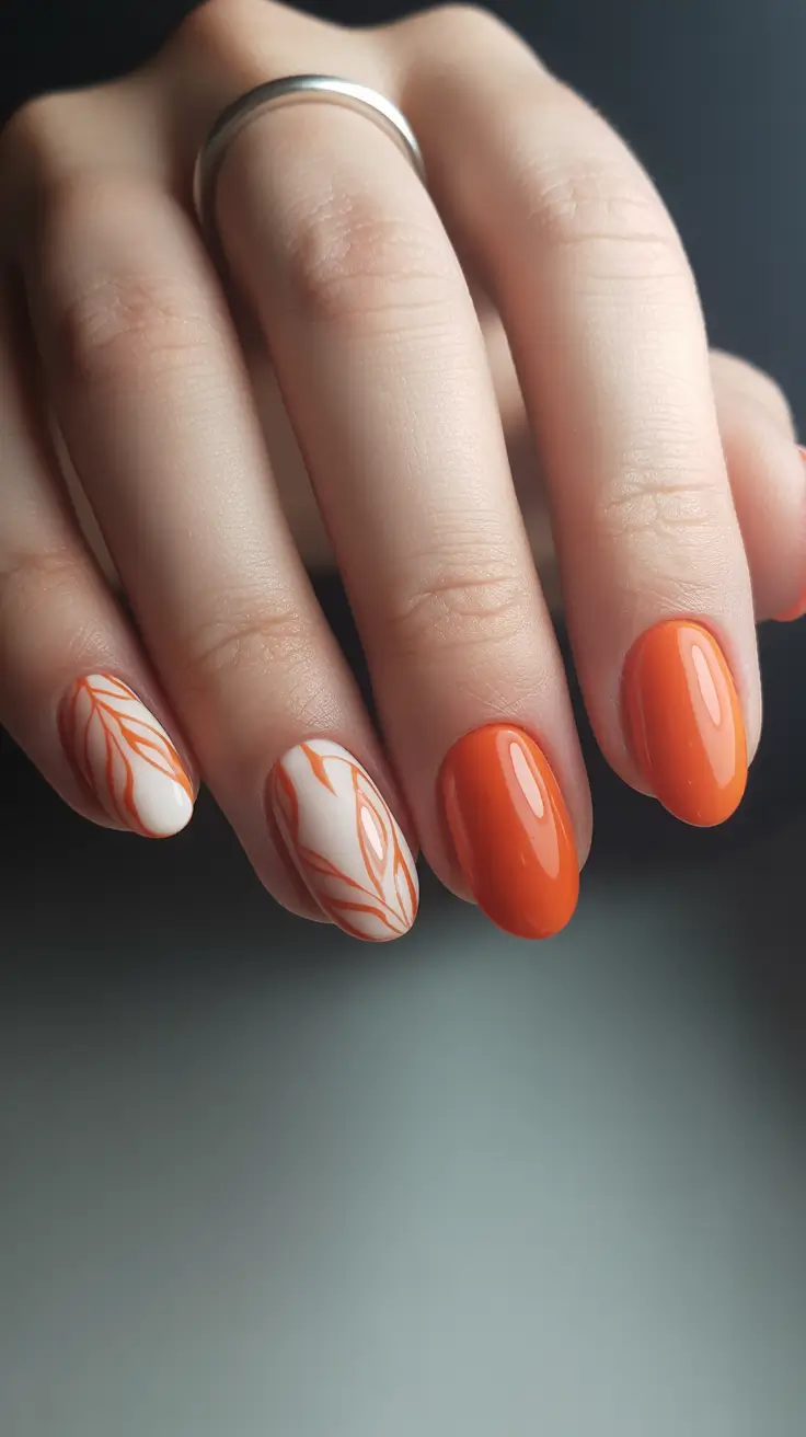 spring oval nails 2026 Artistic Orange Leaf Accent Design