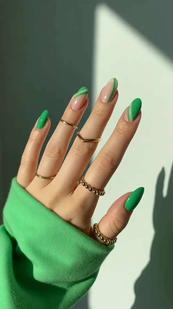 spring oval nails 2026 Modern Green Graphic Stripes