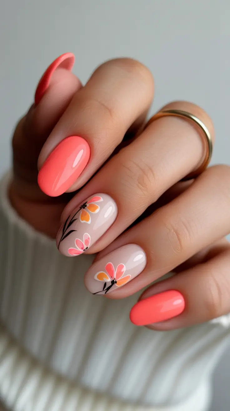 spring oval nails 2026 Coral Floral Delight for Warm Spring Days