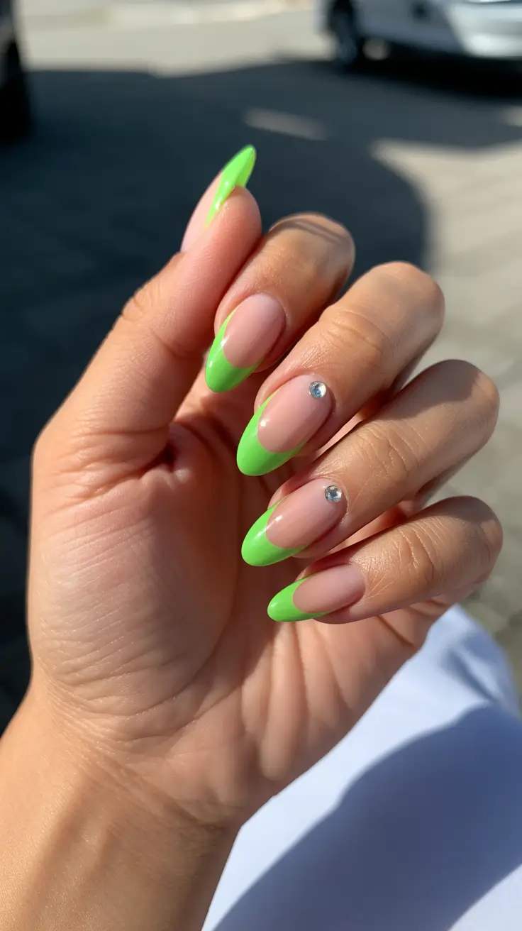 spring oval nails 2026 Neon Green French with Minimal Crystal Touch