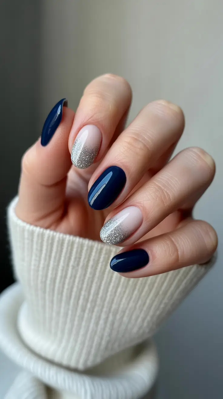 spring oval nails 2026 Navy and Silver Gradient Contrast
