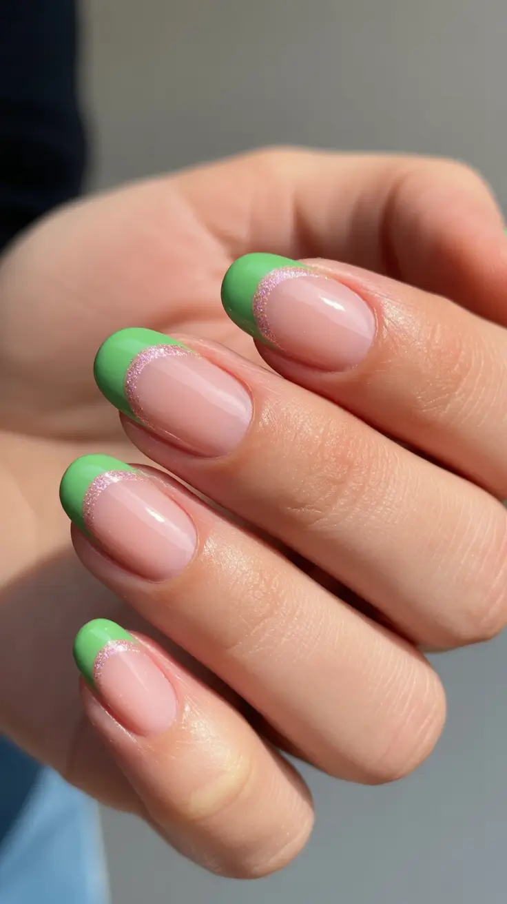 spring oval nails 2026 Playful Green Pastel Tips with Sparkle