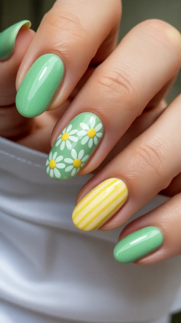 spring oval nails 2026 Fresh Mint Daisy Mix for Playful Spring Mood
