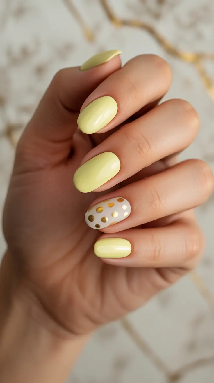 spring oval nails 2026 Sunny Yellow Joy with Polka Accent