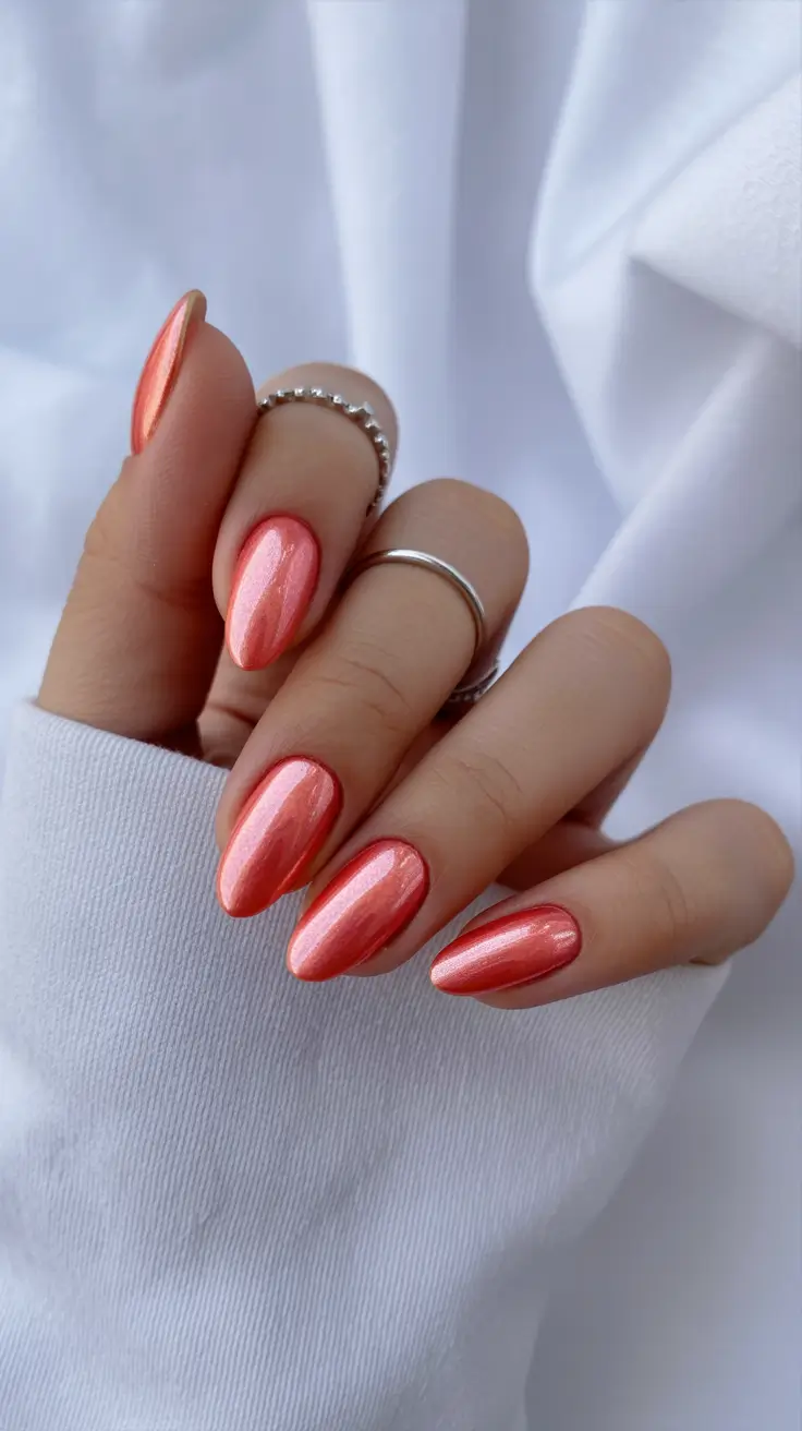 spring oval nails 2026 Glossy Coral Chrome Energy