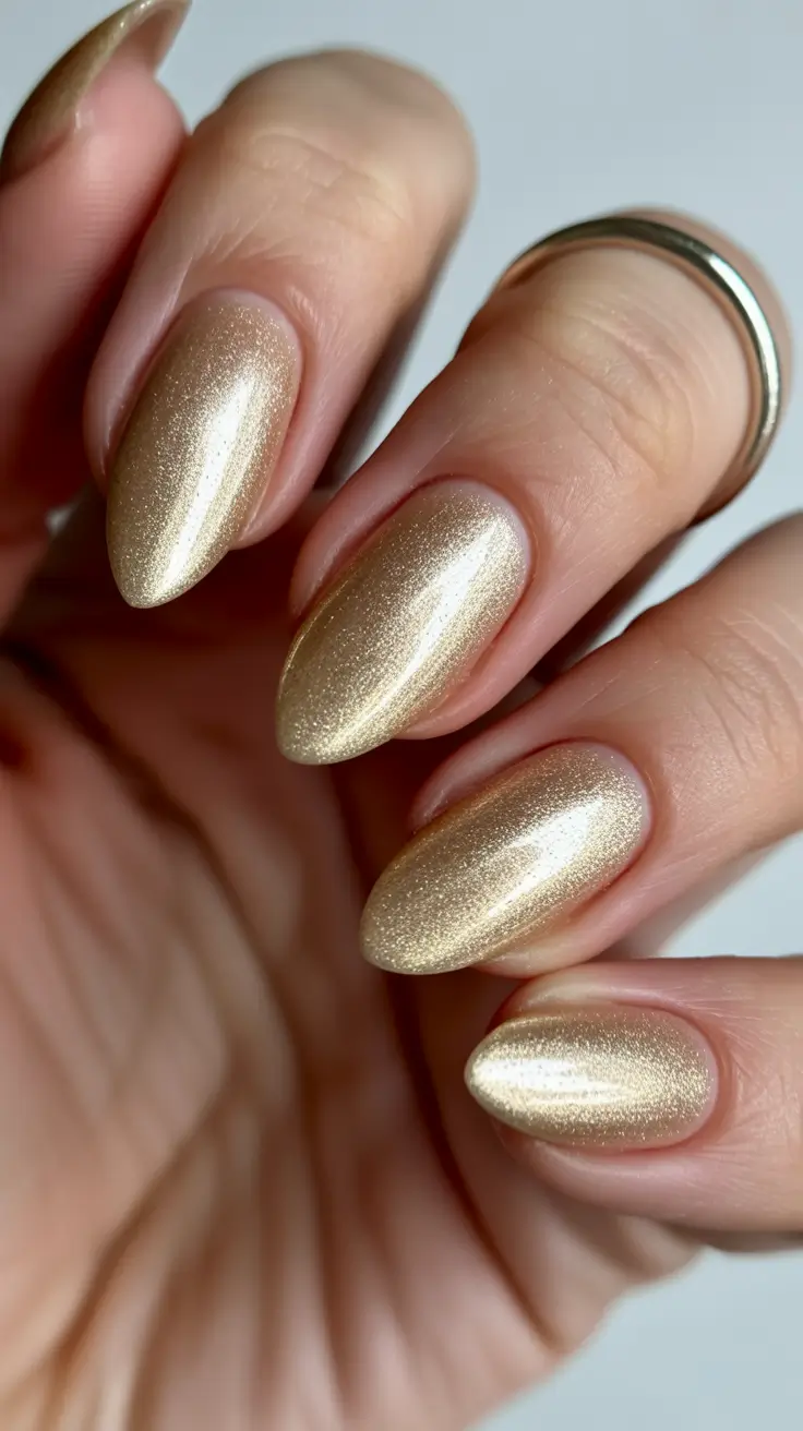 spring oval nails 2026 Golden Chrome Glow for Fresh Spring Evenings