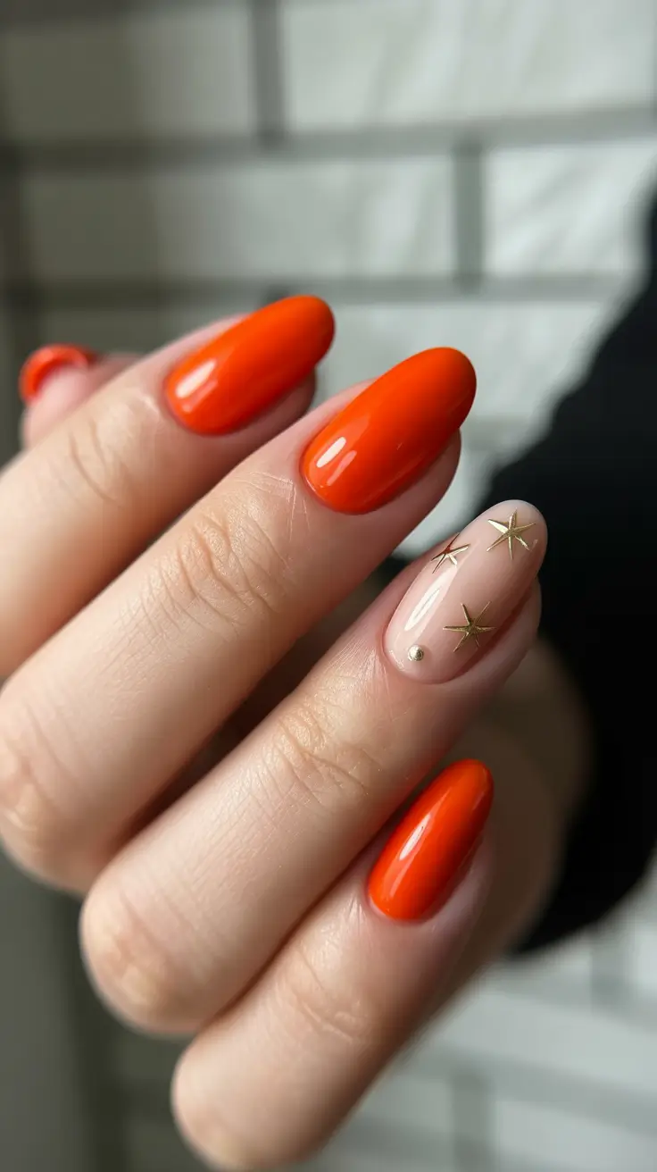 spring oval nails 2026 Bold Orange Statement with Minimal Star Accents