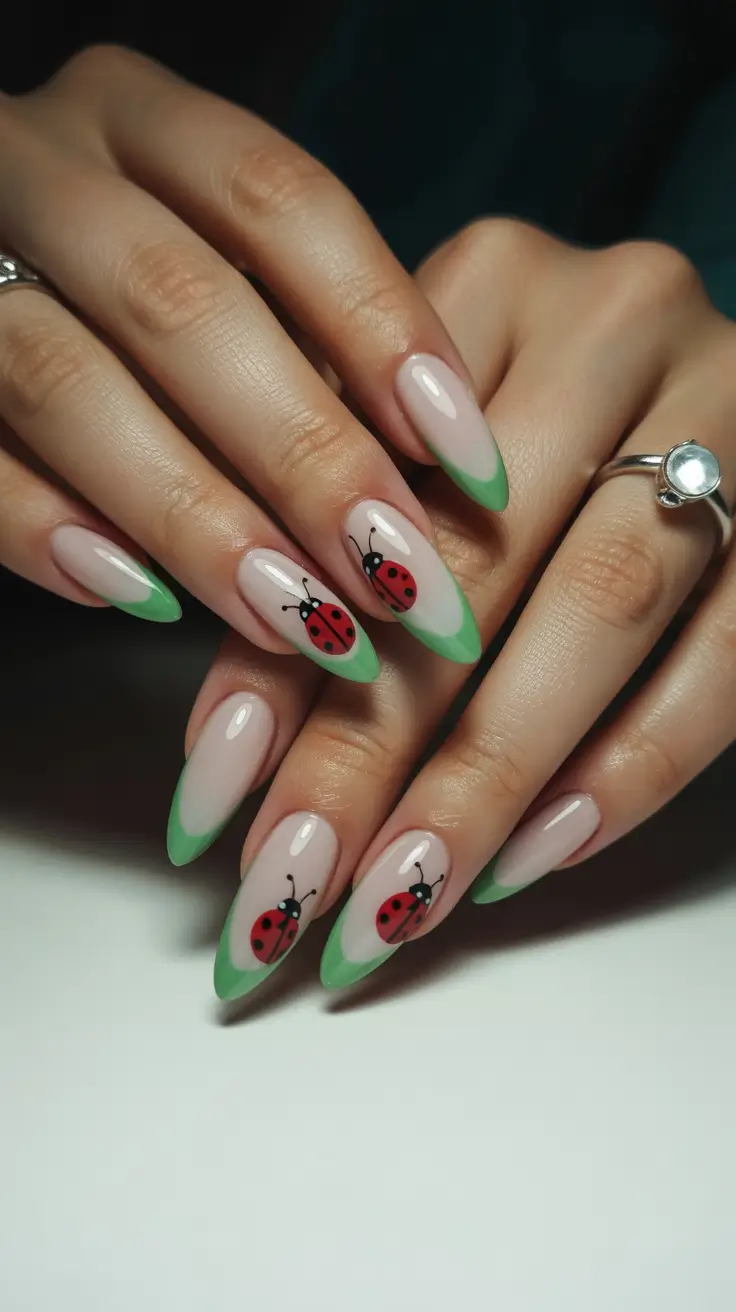 may nails ideas 2026 green french tip almond nails with ladybugs