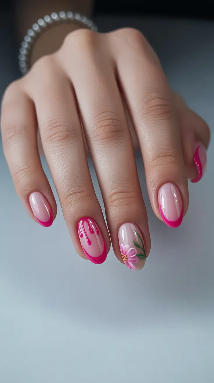 may nails ideas 2026 pink drip french tip floral nails