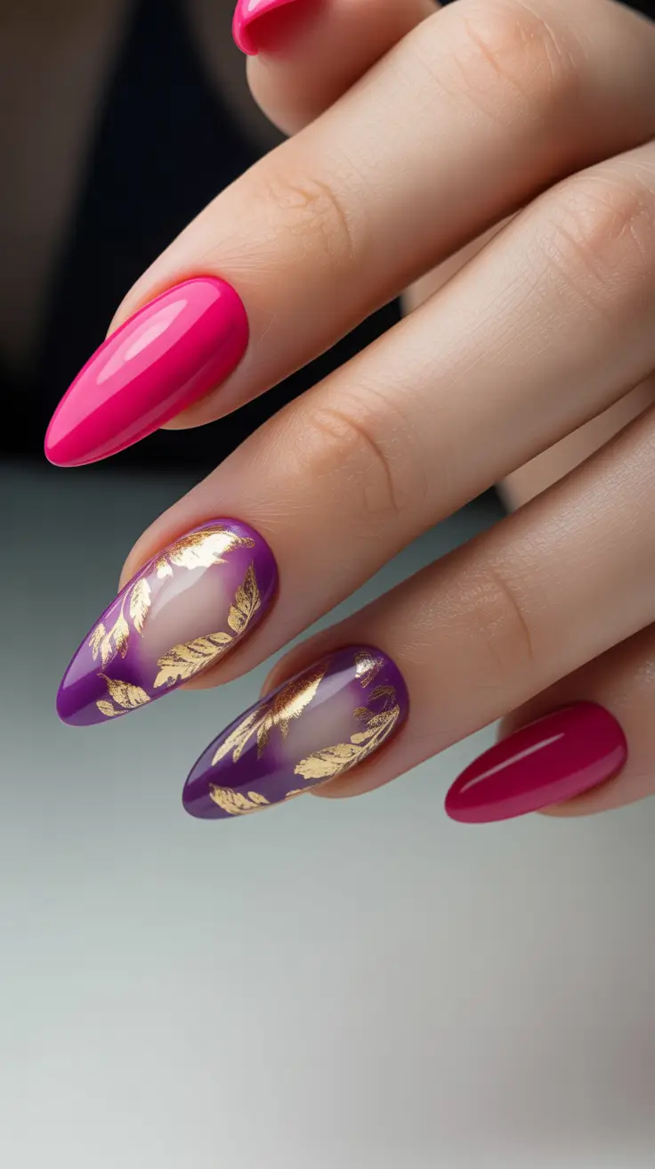 may nails ideas 2026 purple gold leaf almond nails