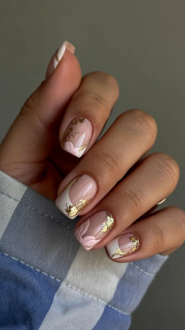 may nails ideas 2026 soft pink and gold foil french tip nails