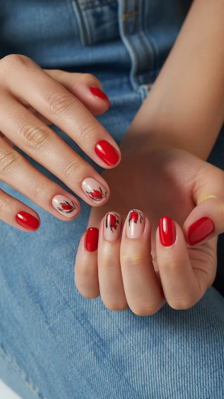 minimalist short spring nails 2026 Glossy Red Meets Delicate Floral Minimalism