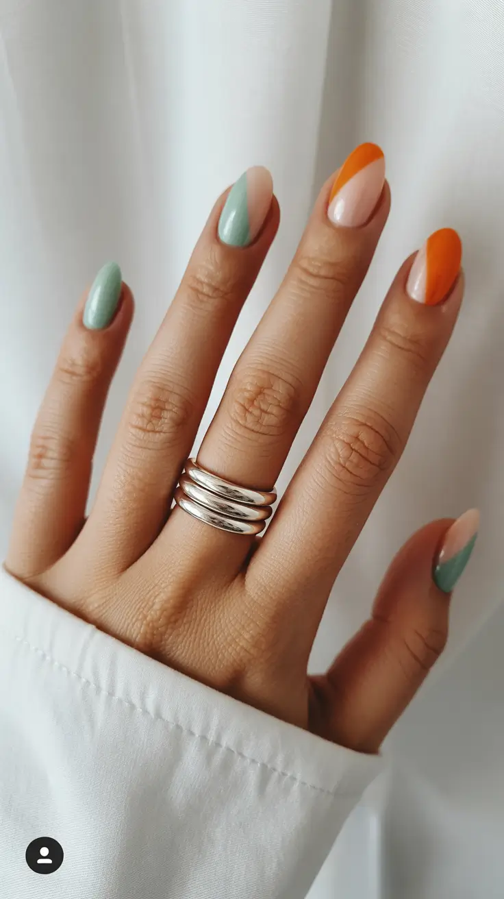 minimalist short spring nails 2026 Diagonal Color Blocking in Soft Spring Tones