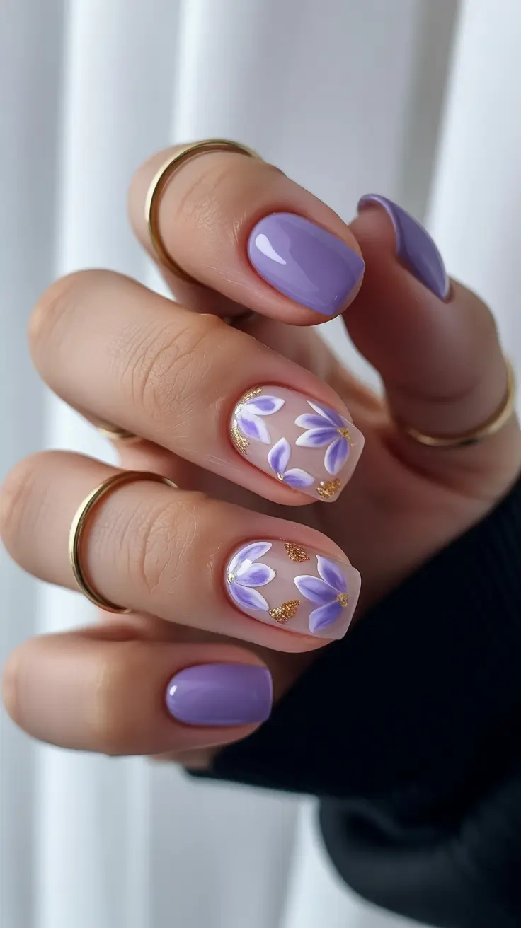 minimalist short spring nails 2026 Lavender Floral with Subtle Gold Details