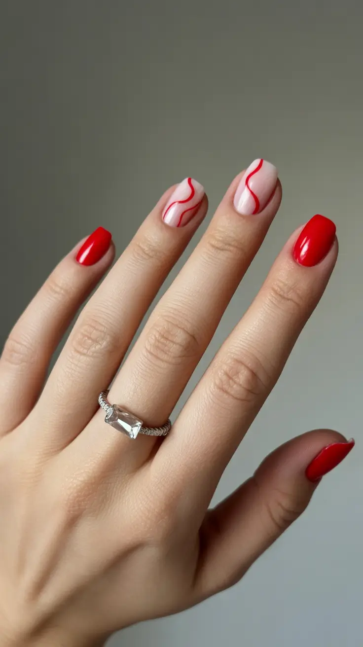 minimalist short spring nails 2026 Red Waves on Sheer Nude Base