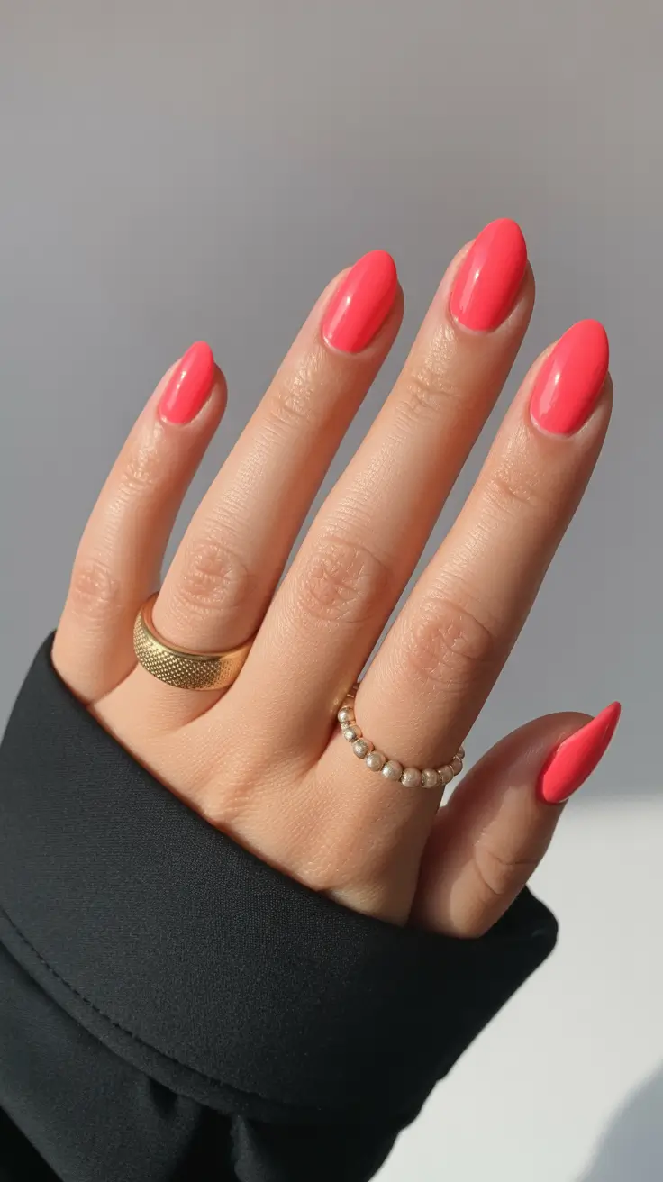 minimalist short spring nails 2026 Glossy Coral Pink Statement Nails