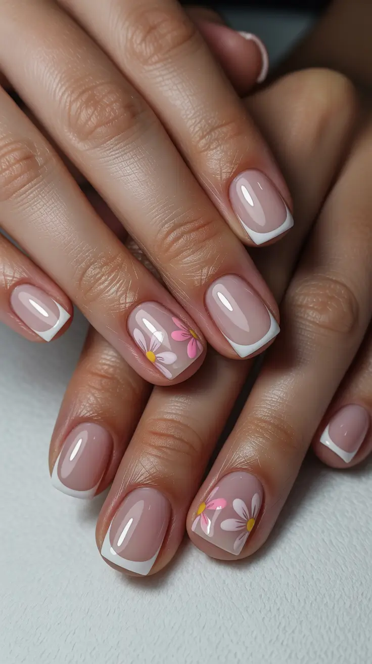 minimalist short spring nails 2026 Soft French with Tiny Spring Florals