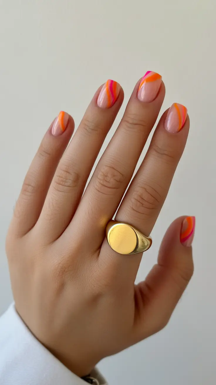 minimalist short spring nails 2026 Peachy Nude with Neon Accent Waves