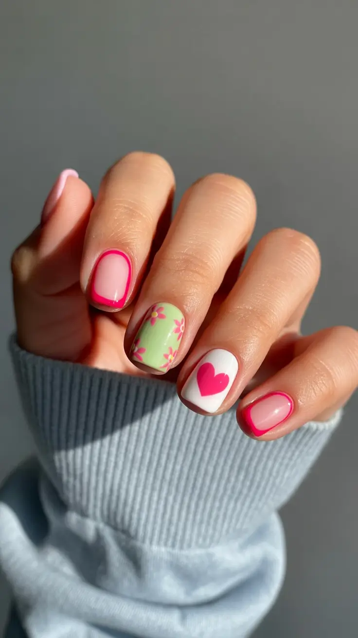 minimalist short spring nails 2026 Playful Pink Outline with Mixed Accent Nails