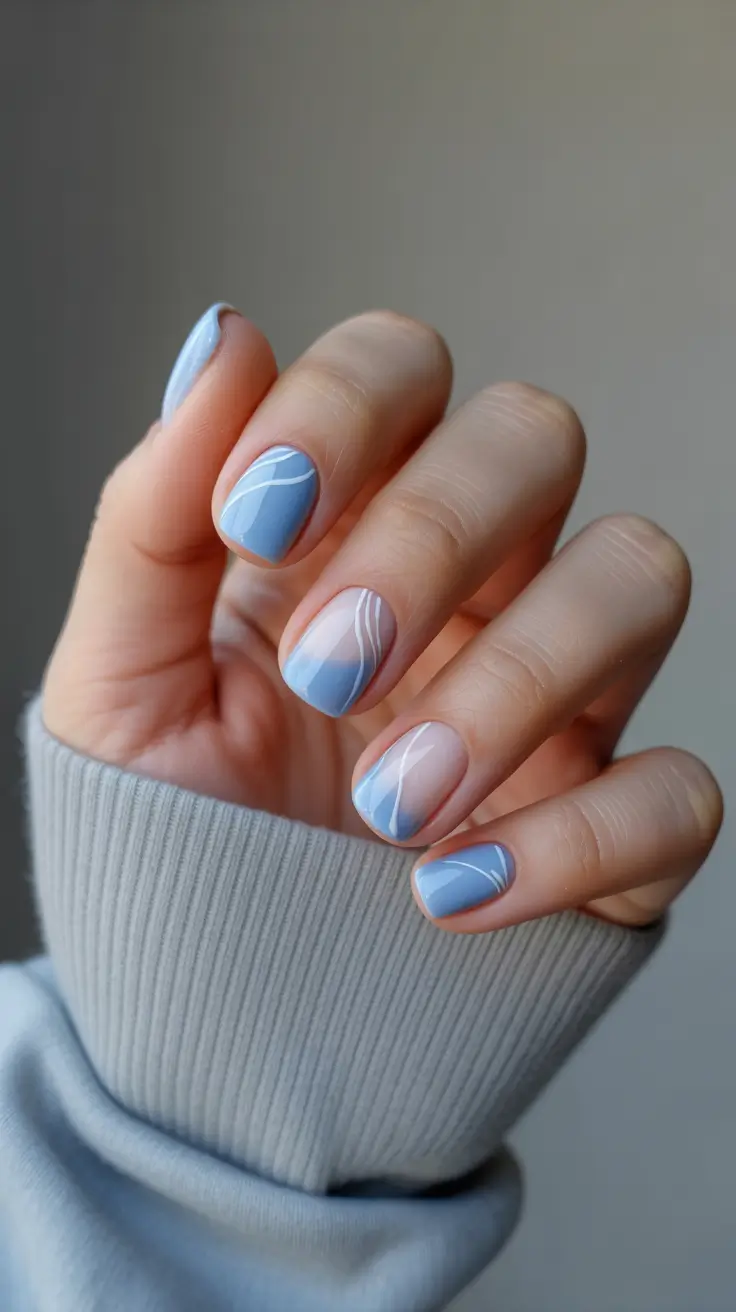 minimalist short spring nails 2026 Soft Blue Gradient with Minimal White Lines