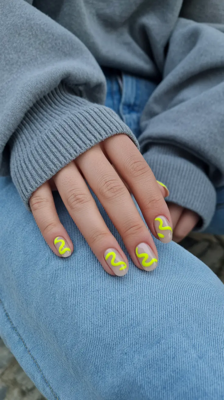 minimalist short spring nails 2026 Neutral Base with Neon Green Abstract Waves