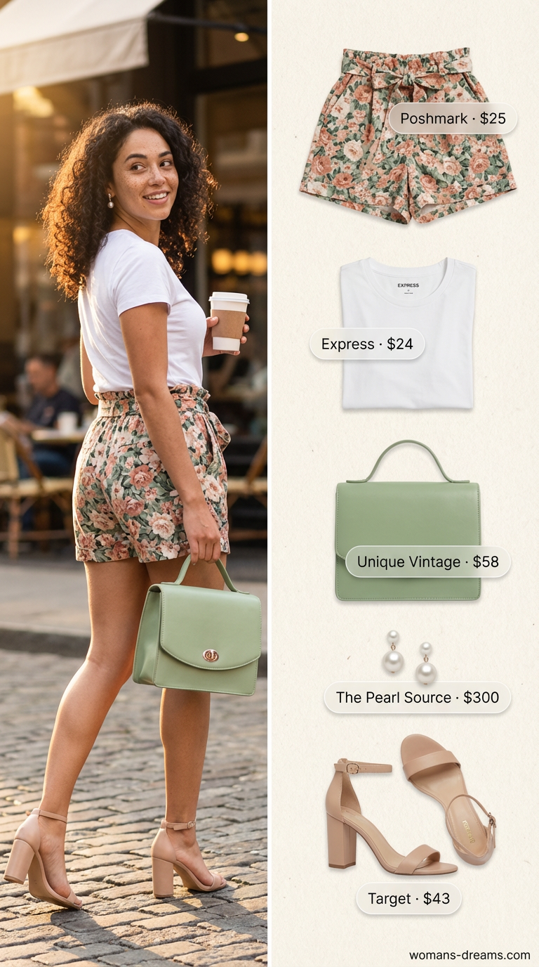 Playful 'Summer shorts outfits for women2026' for a garden party, featuring pink floral print paperbag shorts, a crisp white t-shirt, nude block heel sandals, and a green mini tote bag.