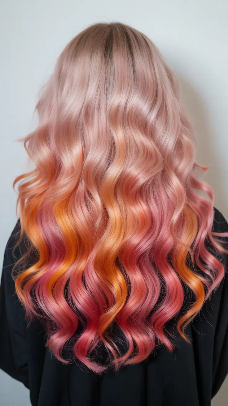 pastel spring ombre hair color 2026 Peach Rose Sunset Ombre with Long Waves