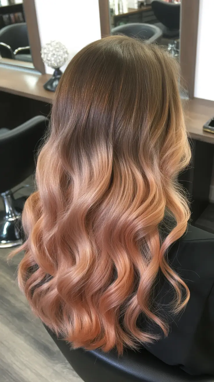 pastel spring ombre hair color 2026 Soft Rose Gold Ombre with Flowing Waves
