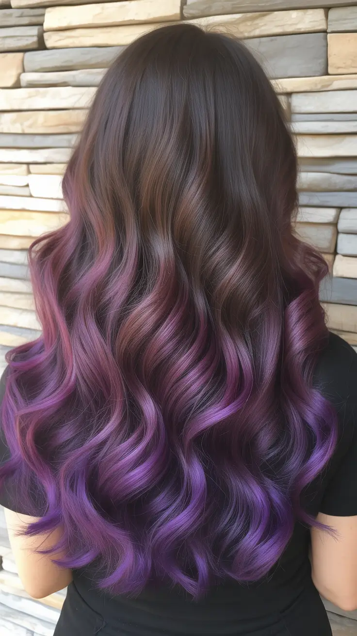 pastel spring ombre hair color 2026 Deep Plum Pastel Ombre on Long Brunette Waves