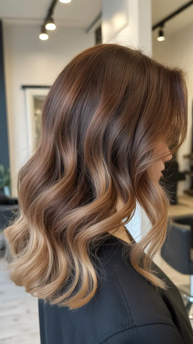 pastel spring ombre hair color 2026 Golden Caramel Ombre with Soft Salon Waves