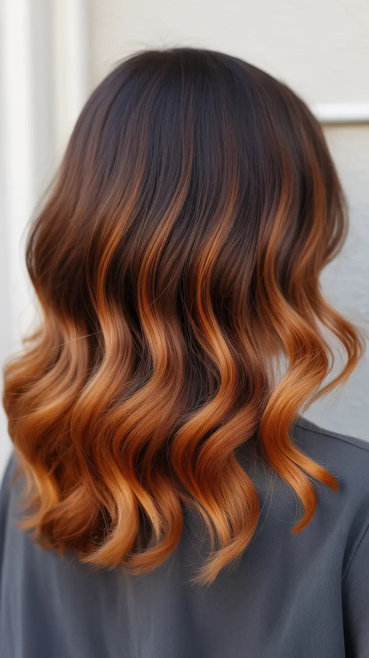 pastel spring ombre hair color 2026 Warm Cinnamon Ombre on Shoulder Length Waves