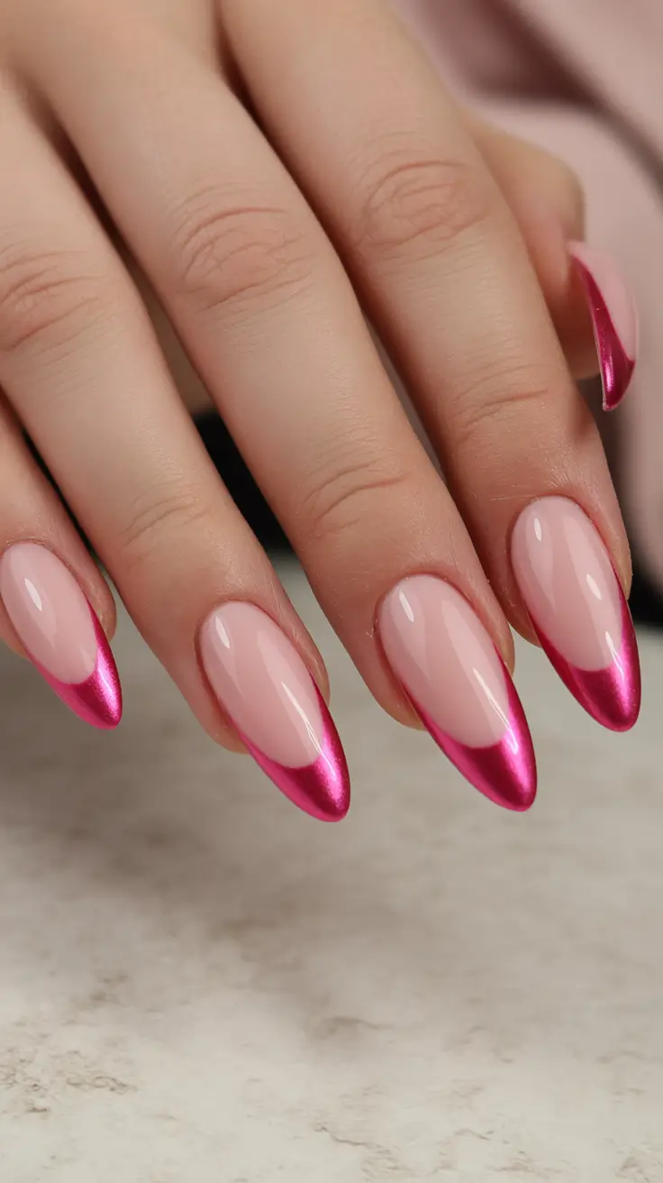 pastel spring pink chrome nails 2026 French Tip Chrome That Reinvents a Classic