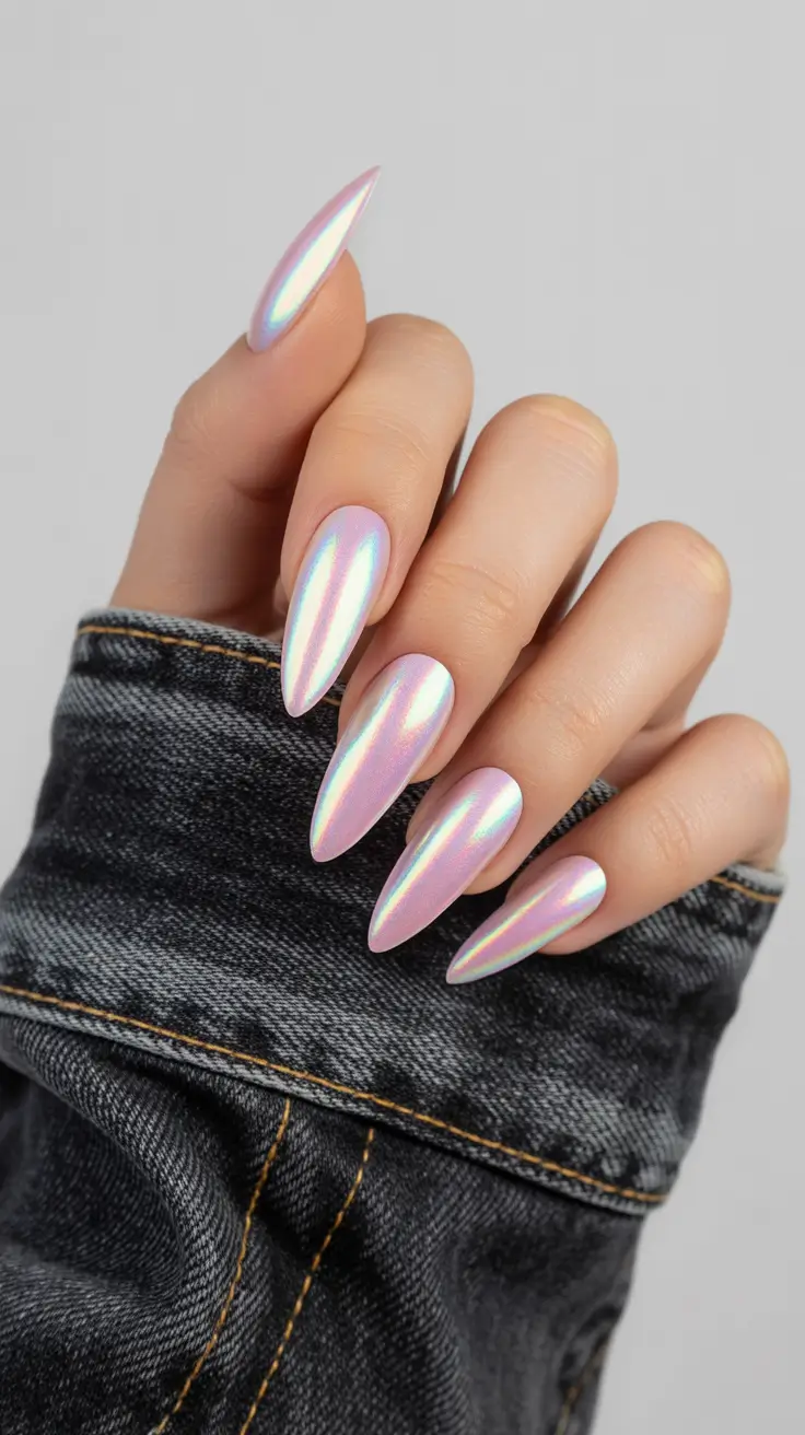 pastel spring pink chrome nails 2026 Holographic Pink Chrome That Feels Almost Futuristic