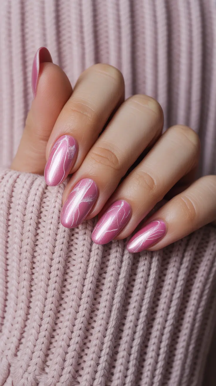 pastel spring pink chrome nails 2026 Soft Pink Chrome With Subtle Marble Accents