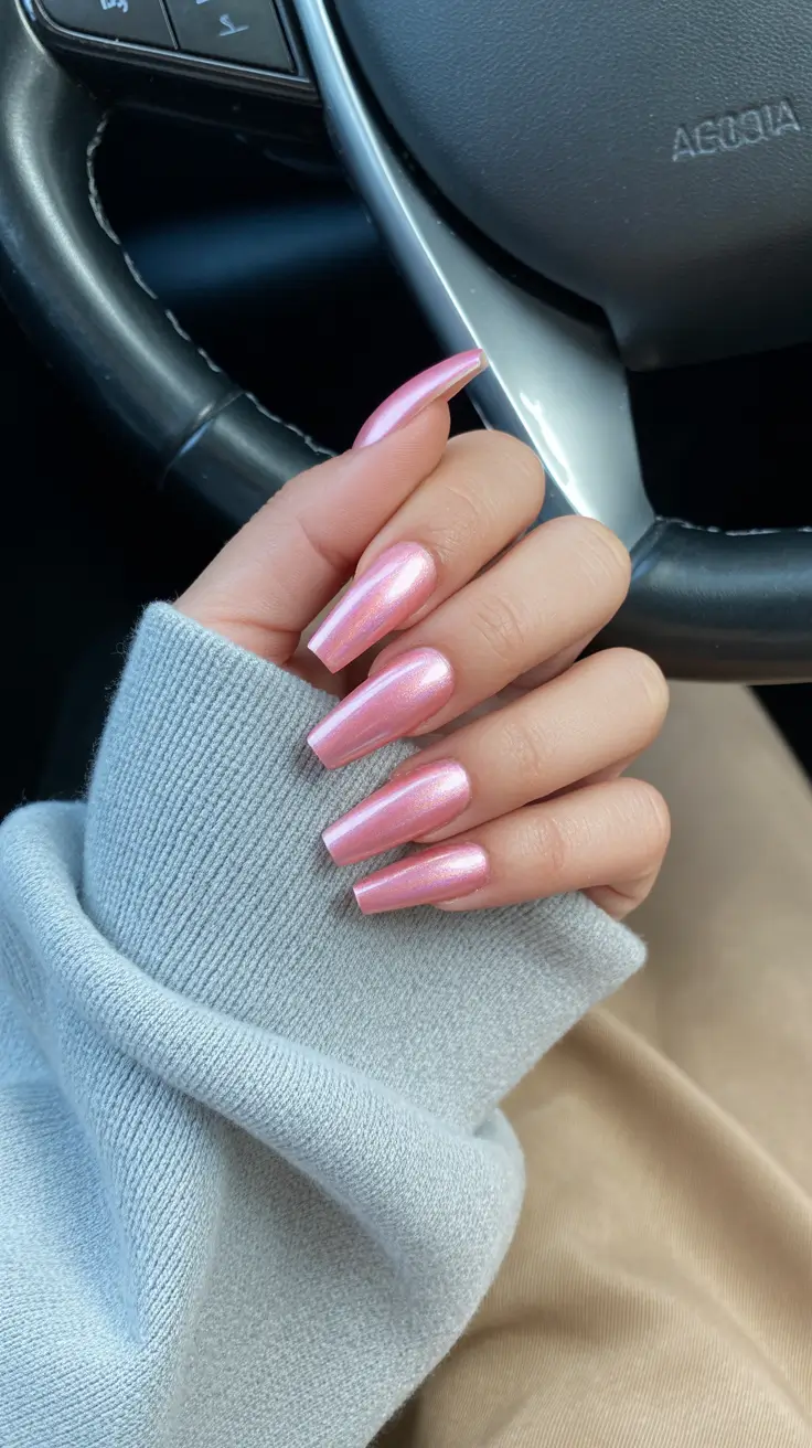 pastel spring pink chrome nails 2026 Classic Glossy Pink Chrome for Everyday Polish