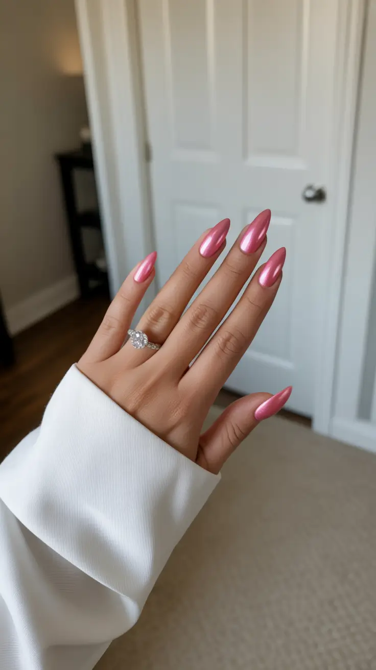 pastel spring pink chrome nails 2026 Classic Pink Chrome Almond That Always Works